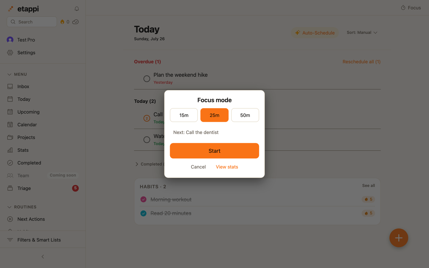etappi focus mode asking how long to work on a single task, with preset durations and the rest of the list hidden.