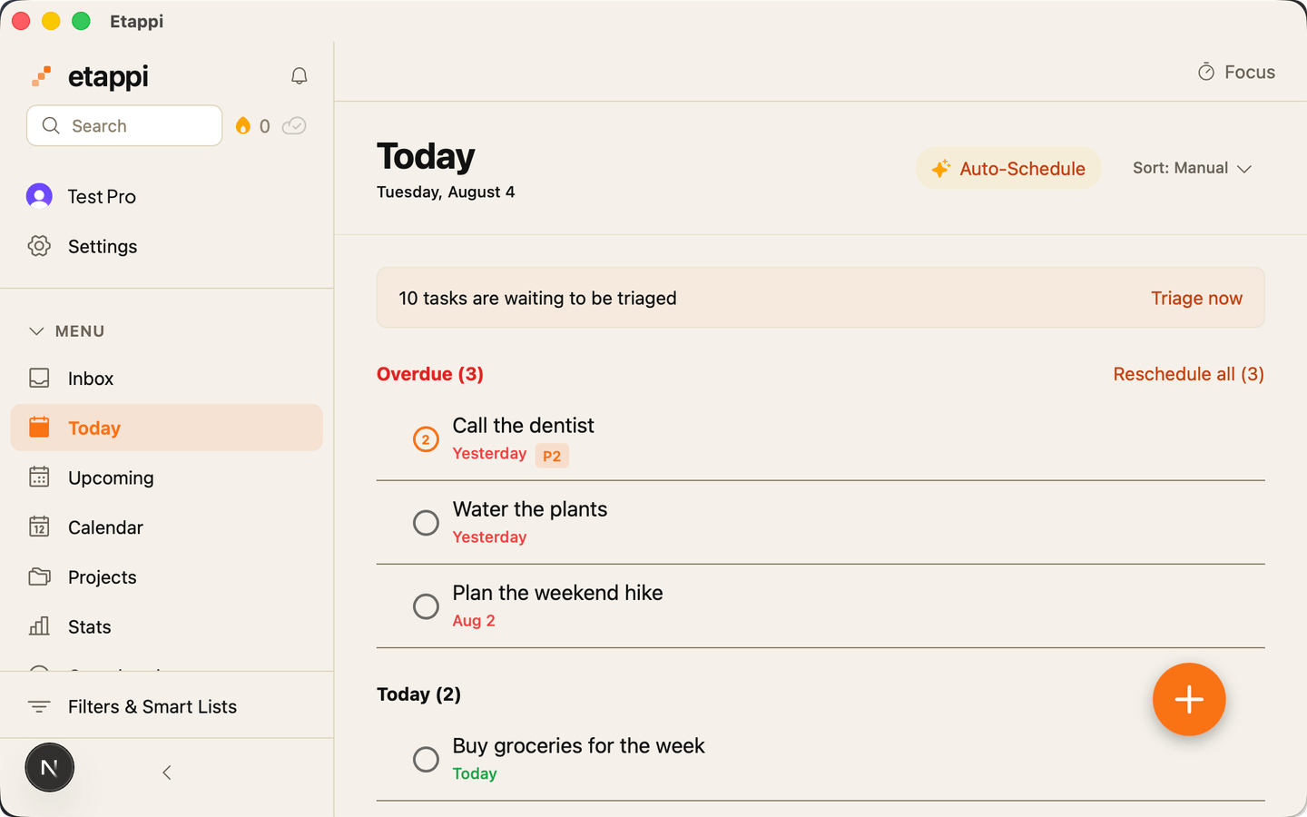 The etappi desktop app on macOS, showing the Today list with three overdue tasks above the ones due today.