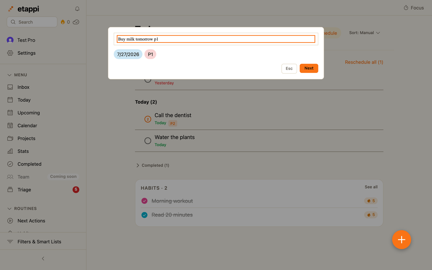 The etappi quick-add box parsing the typed line "Buy milk tomorrow p1" into a due date and a priority-1 flag before the task is saved.